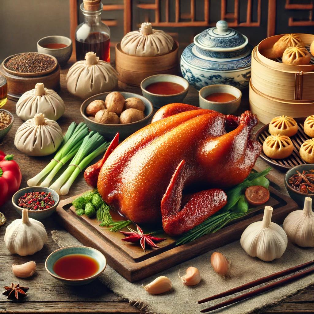 Chinese kitchen with Peking duck, dim sum, and fresh ingredients