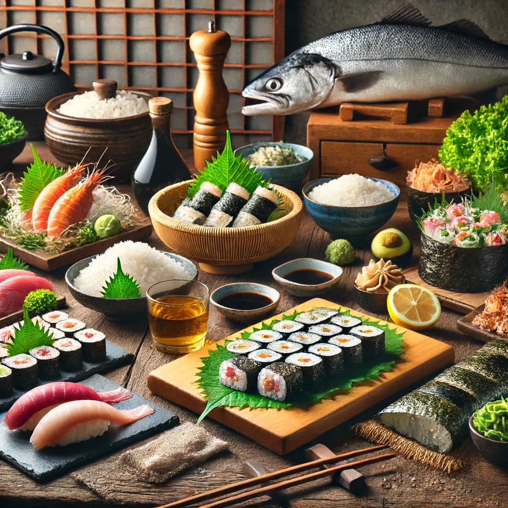 Japanese kitchen with sushi, sashimi, and fresh ingredients