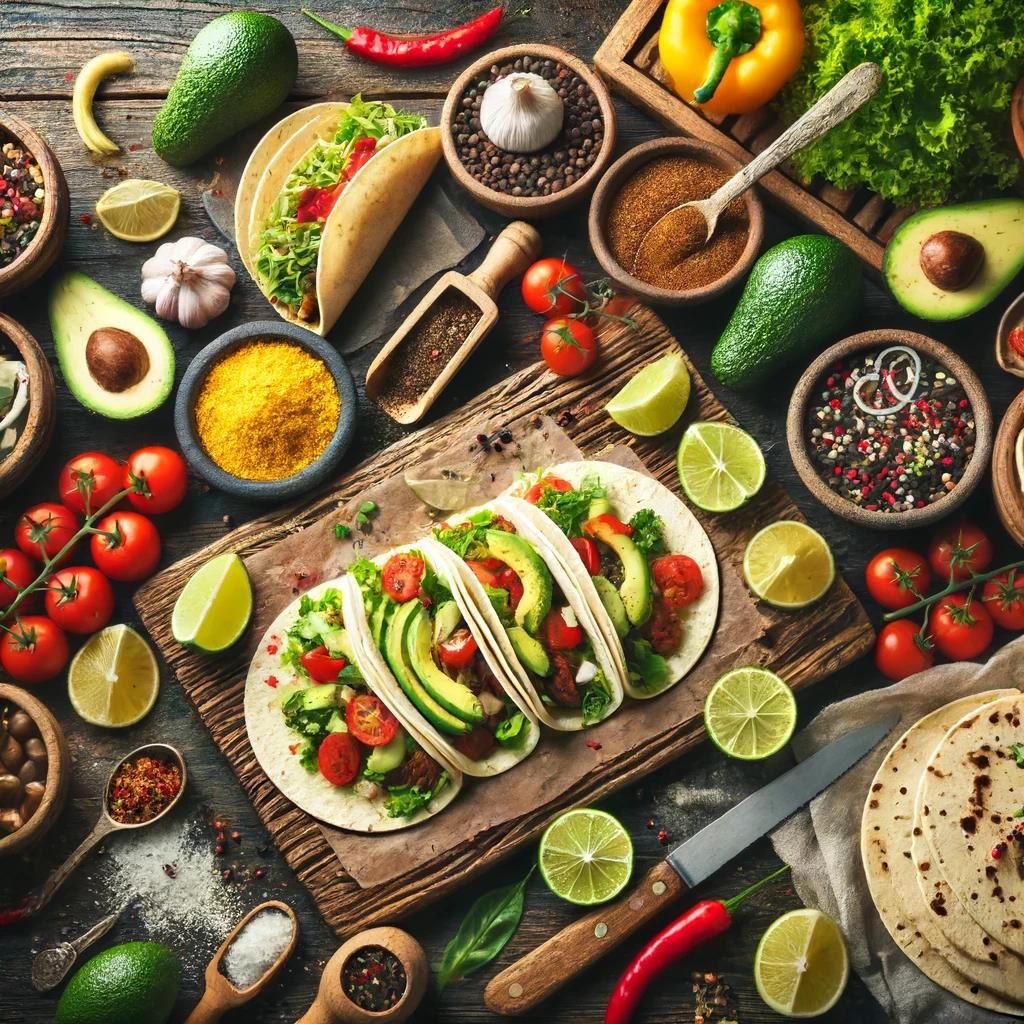 Mexican kitchen with tacos, burritos, fresh avocados, and spices