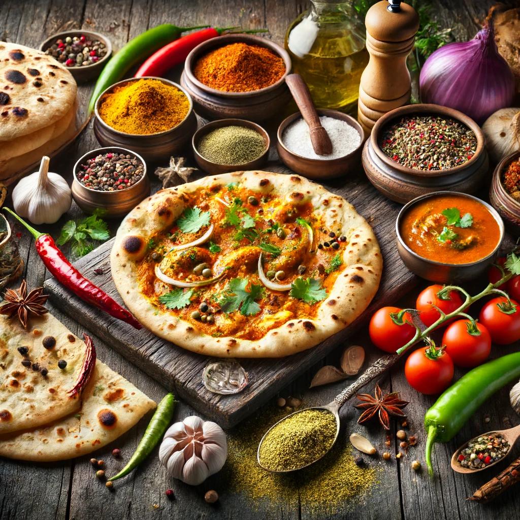 Indian kitchen with curry, spices, naan, and fresh vegetables