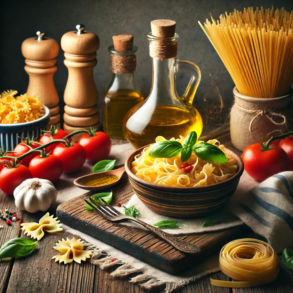Italian kitchen with pasta, tomatoes, basil, and olive oil