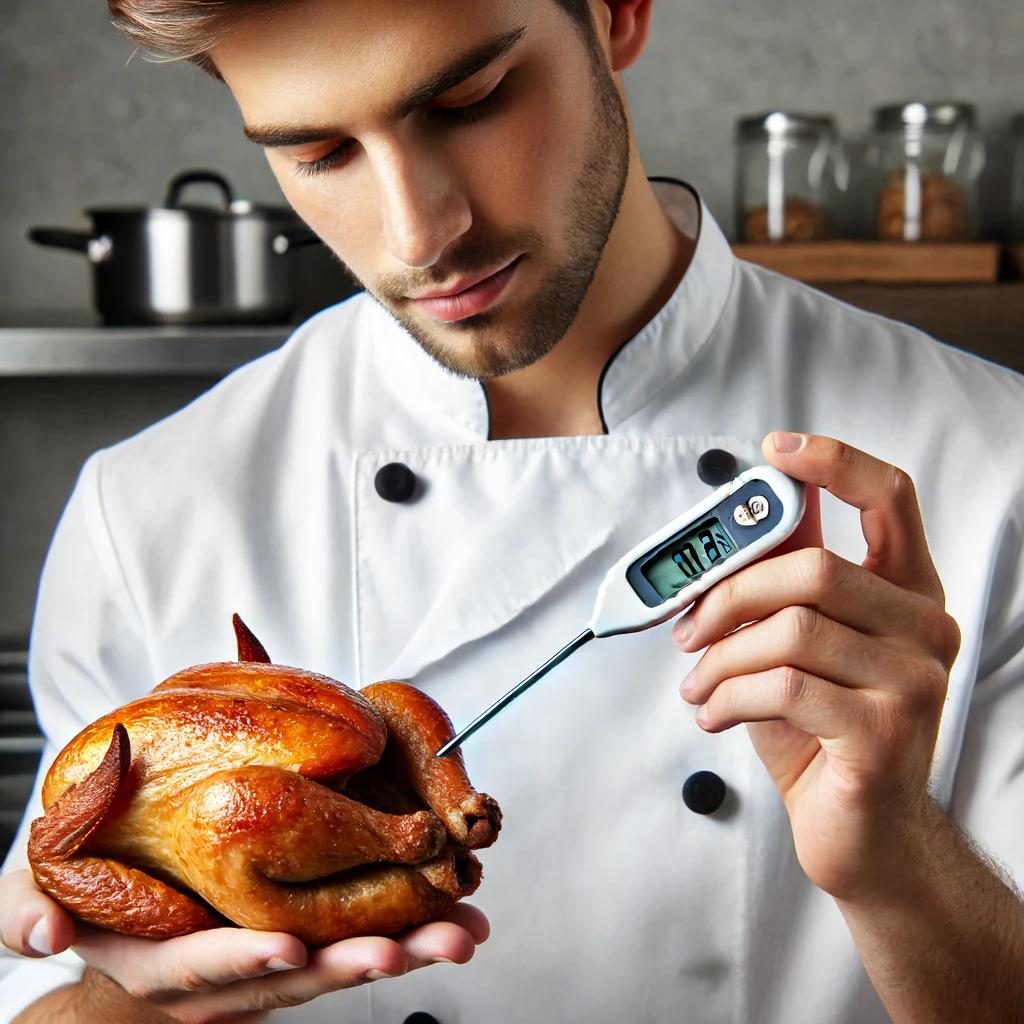 Chef using a food thermometer to check the temperature of cooked chicken